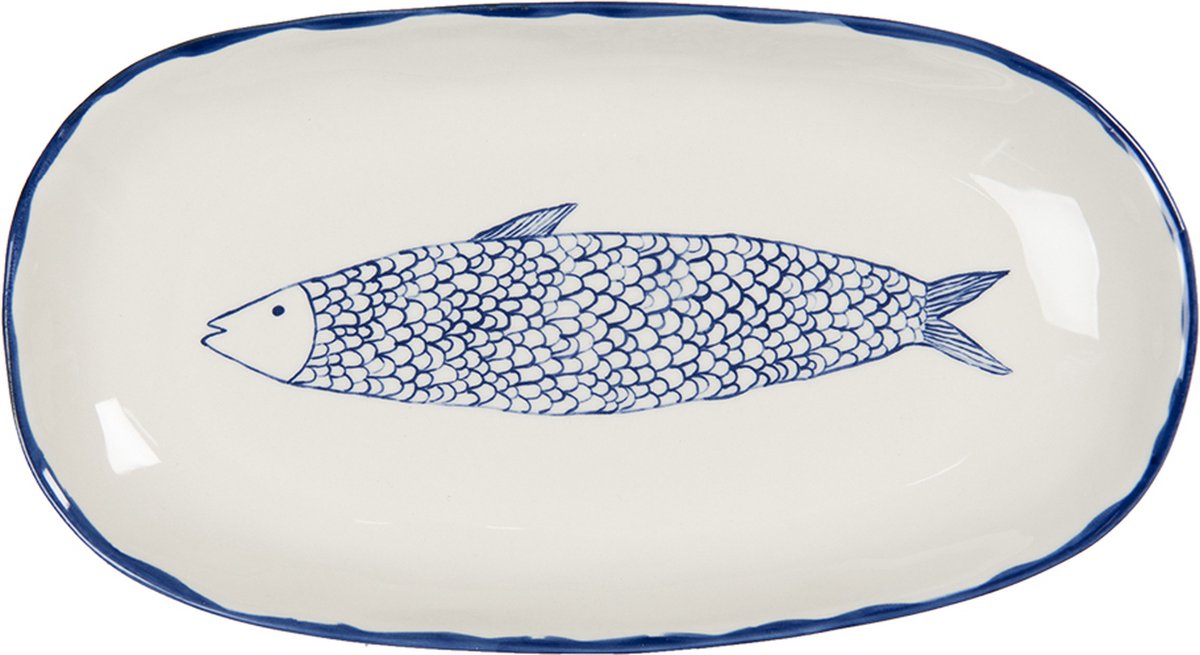 Clayre & Eef Serveerschaal 30x16x3 cm Beige Blauw Keramiek Vis