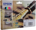 Epson 16 multipack inktcartridges in zwart, cyaan, geel en magenta. Met een gouden penpunt en het Epson logo.
