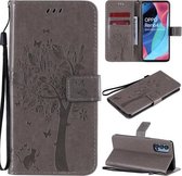 Voor Oppo Reno4 Pro 5G Boom & Kat Reliëfpatroon Horizontale Flip Leren Case met Houder & Kaartsleuven & Portemonnee & Lanyard (Grijs)