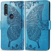 Voor Motorola One Action Butterfly Love Flower Reliëf Horizontale Flip Leather Case met Bracket Lanyard Card Slot Wallet (Blauw)