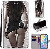 Gekleurde tekening Cross Texture Horizontale Flip PU lederen tas met houder & kaartsleuven & portemonnee & lanyard voor iPhone 12/12 Pro (upskirt)