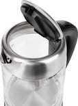 Glazen waterkoker met RVS, open deksel, met maataanduidingen.