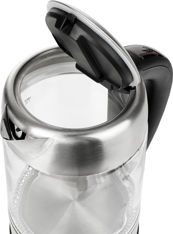 Glazen waterkoker met RVS, open deksel, met maataanduidingen.