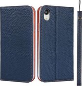 Litchi-textuur Horizontale flip-toplaag koeienhuid lederen tas met houder & kaartsleuven & portemonnee & riem & draadwinder voor iPhone XR (donkerblauw)