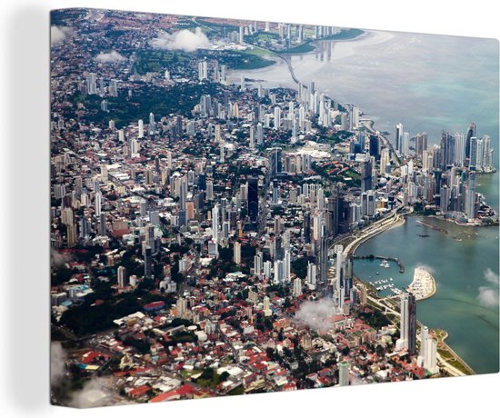 Canvas Schilderij Luchtfoto van het stadscentrum van de Stad Panama - 60x40 cm - Wanddecoratie