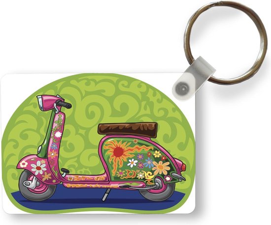 Sleutelhanger - Illustratie van een Vespa scooter met bloemen - Uitdeelcadeautjes - Plastic