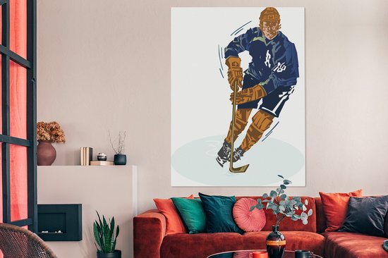 Un joueur de hockey sur glace avec un costume bleu dans une toile d'illustration 120x160 cm - Tirage photo sur Toile (Décoration murale salon / chambre) XXL / Groot format!