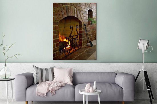 Feu dans une cheminée 120x160 cm - Tirage photo sur toile (Décoration murale salon / chambre) XXL / Grand format!