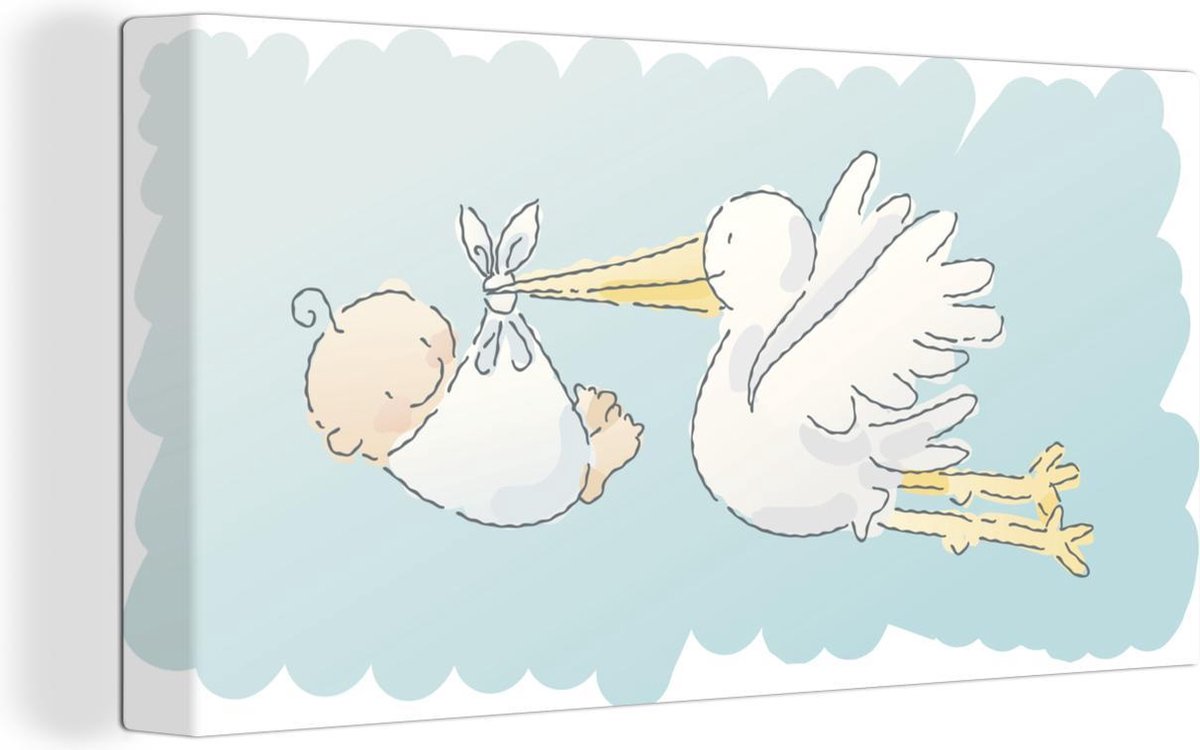 Canvas Schilderij Kinderillustratie van een ooievaar en een baby in een doek tegen een blauwe achtergrond - 40x20 cm - Wanddecoratie