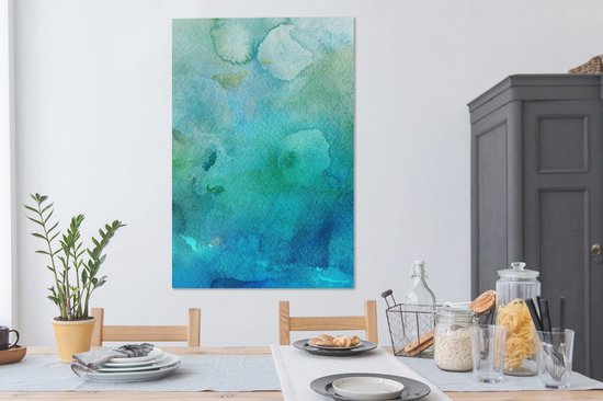 Oeuvre abstraite réalisée à l'aquarelle et aux couleurs bleues et vertes 90x140 cm - Tirage photo sur toile (Décoration murale salon / chambre)