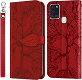 Voor Samsung Galaxy A21s Life of Tree Embossing Pattern Horizontale Flip lederen tas met houder & kaartsleuf & portemonnee & fotolijst & lanyard (rood)