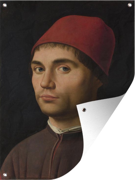 Tuinschilderij Portrait of a young man - Schilderij van Antonello da Messina - 60x80 cm - Tuinposter - Tuindoek - Buitenposter