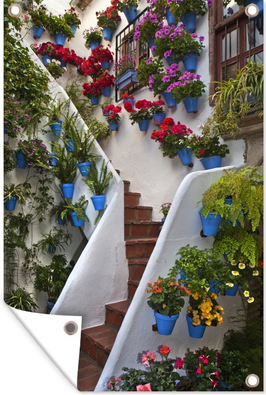 Trappen versiert met bloemen in het Spaanse Cordoba Tuinposter 40x60 cm Buitencanvas / Schilderijen voor buiten (tuin decoratie)