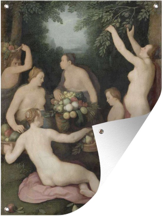 Tuinschilderij Pomona ontvangt de fruitoogst - Schilderij van Cornelis Cornelisz. van Haarlem - 60x80 cm - Tuinposter - Tuindoek - Buitenposter