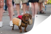 Tuinposter - Tuindoek - Tuinposters buiten - Teckel verkleed als hotdog - 120x80 cm - Tuin