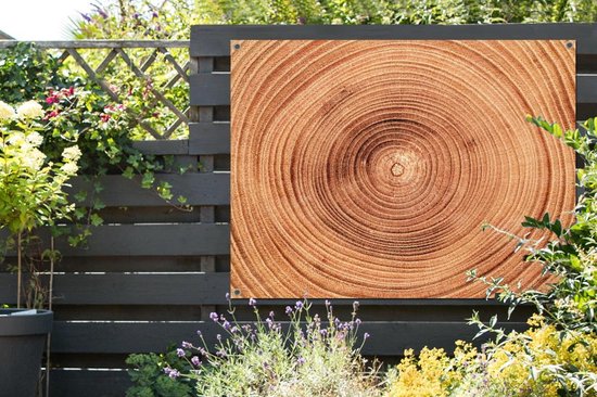 Tuinposter 120x90 cm - Tuindecoratie Een close up van de boomringen van een boomstam - Poster voor in de tuin - Buiten decoratie - Schutting tuinschilderij - Tuindoek muurdecoratie - Wanddecoratie balkondoek