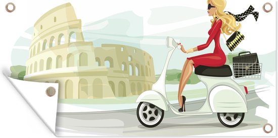 Foto: Tuinposter illustratie van een vrouw op een scooter voor het colosseum 60x30 cm tuindoek buitenposter