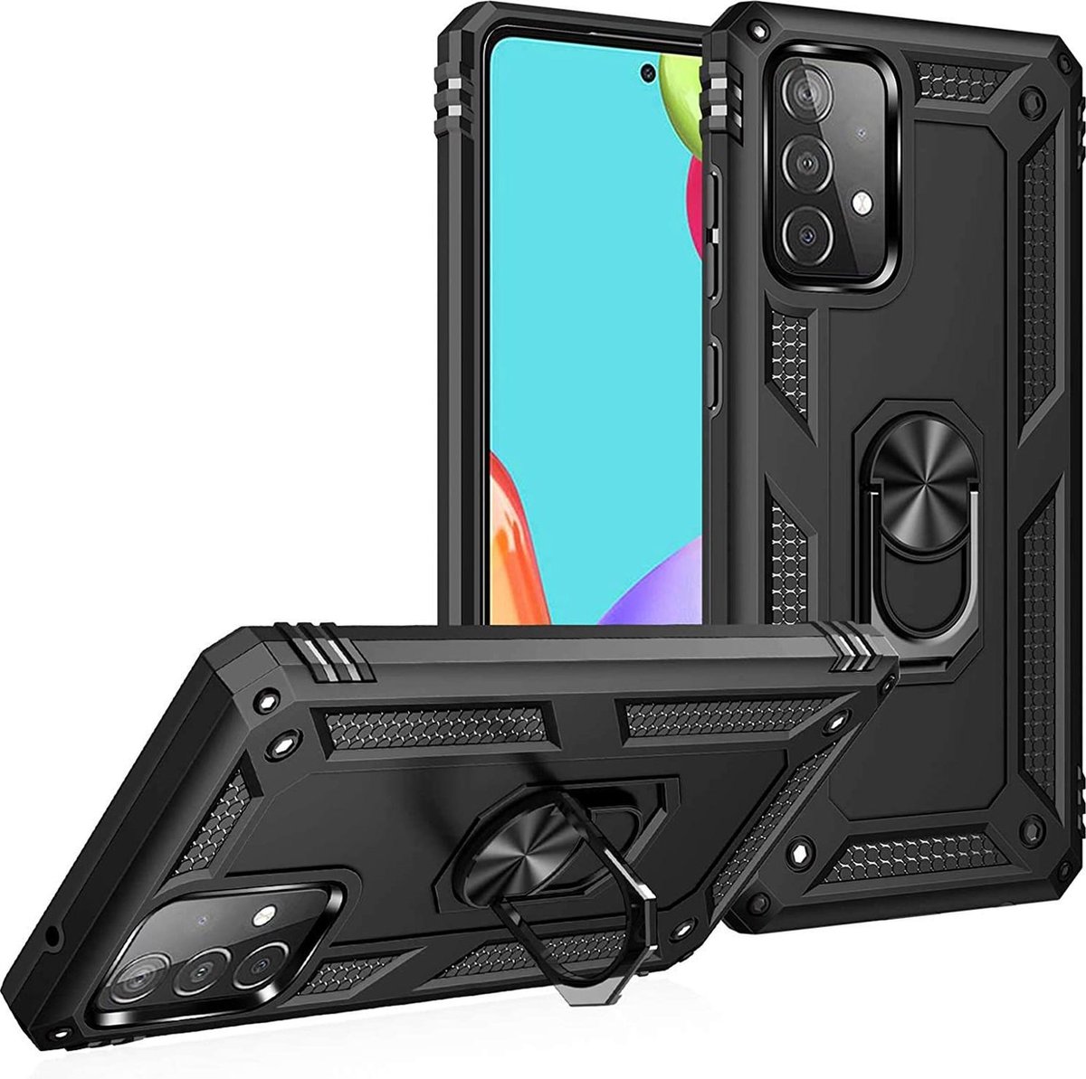 Anti-Shock Hybrid Ring Armor Hoesje Geschikt voor: Samsung Galaxy A72 - zwart
