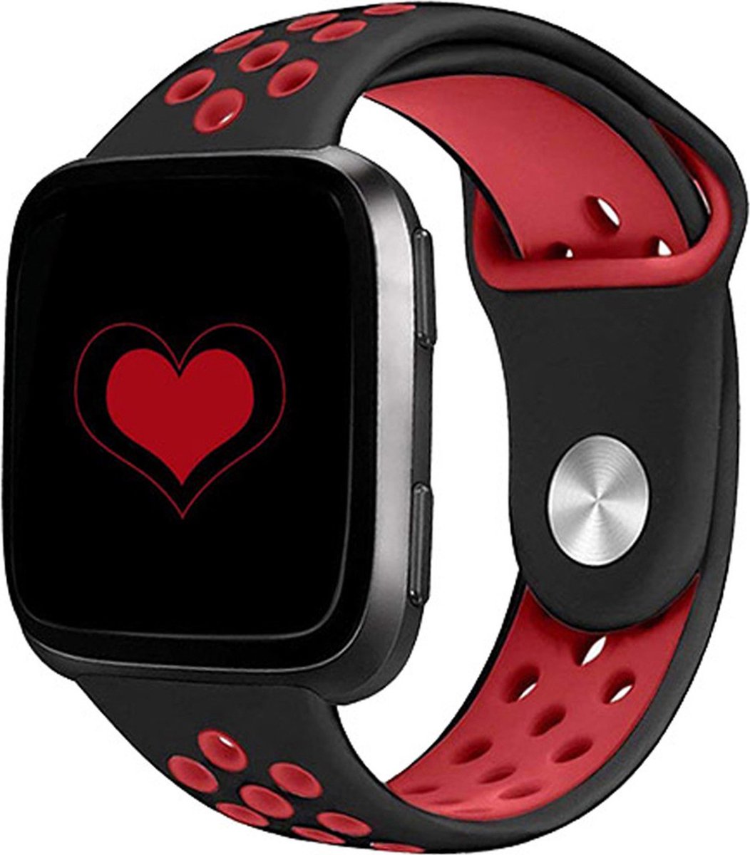 By Qubix - Compatible Fitbit bandje - geschikt voor Fitbit Versa 1 / 2 & Lite sportbandje - Maat: Large - Zwart + Rood Smartwatchbandje bandje Armband Polsband Strap Band Watchband