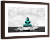 Foto in frame , Groene Boeddha  op witte stenen , 120x80cm , Multikleur, Premium print
