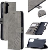 Voor Samsung Galaxy S21 5G Stiksels Stijl 2-Kleur Koe Textuur Horizontale Flip PU Lederen Case met Houder & Kaartsleuf & Lanyard (Grijs)