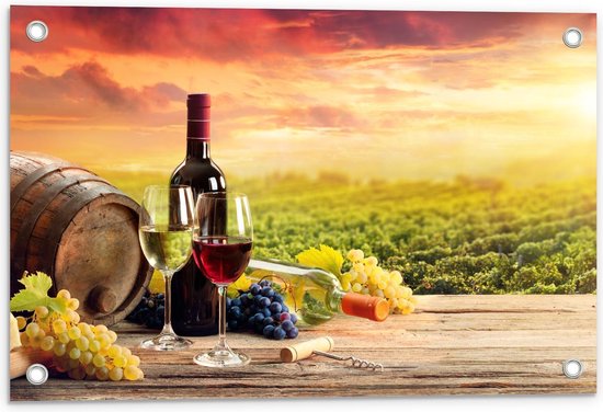 Tuinposter – Wijnvat met Wijn en Druiven - 60x40cm Foto op Tuinposter  (wanddecoratie voor buiten en binnen)
