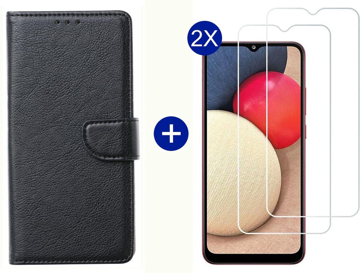 BixB Samsung A02s hoesje - Met 2x screenprotector / tempered glass - Book Case Wallet - Zwart