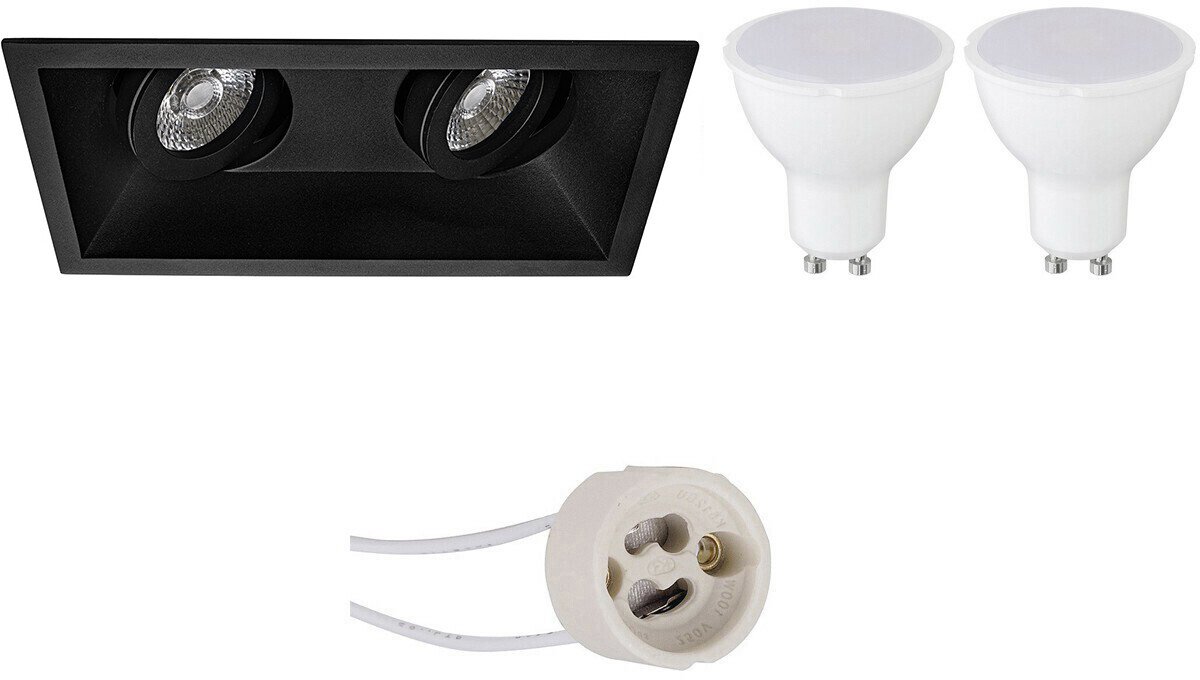 GU10 Inbouwspot Set - Mat Zwart - Inbouw Rechthoek Dubbel - Kantelbaar - Pragmi Zano Pro - 4W - Warm Wit 3000K - 185x93mm