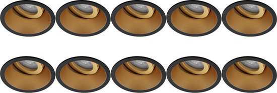 Spot Armatuur 10 Pack - Proma Zano Pro - GU10 Inbouwspot - Rond - Zwart/Goud - Aluminium - Kantelbaar - Ø93mm