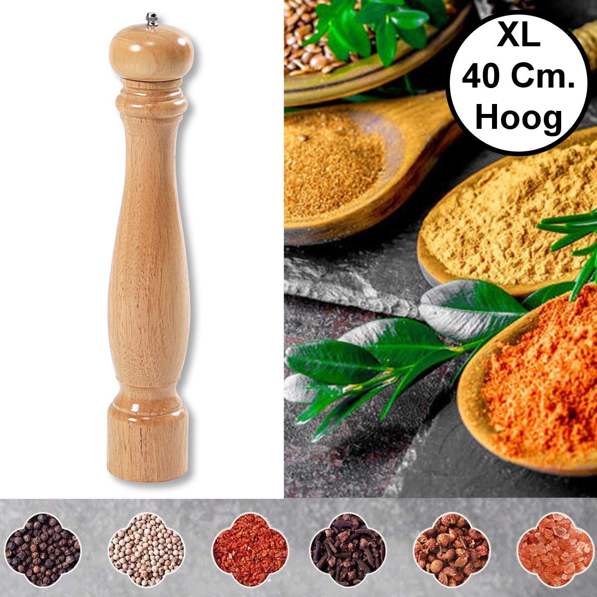 XL Pepermolen Rubberhout - Ø7 Hoogte: 40 Cm - Zoutmolen en kruidenmolen - Peper / Zout / Kruiden molen - Keramisch maalwerk - 40Cm