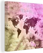 Canvas Wereldkaart - 50x50 - Wanddecoratie Wereldkaart - Kleuren - Kranten
