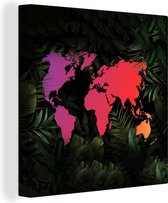 Canvas Wereldkaart - 90x90 - Wanddecoratie Wereldkaart - Kleuren - Bladeren