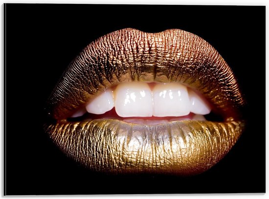 Dibond - Gouden Lippen op Zwarte Achtergrond - 40x30cm Foto op Aluminium (Met Ophangsysteem)