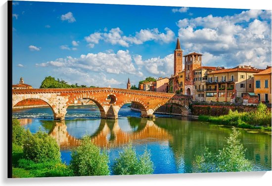 Canvas  - Brug in Verona, Italië - 120x80cm Foto op Canvas Schilderij (Wanddecoratie op Canvas)