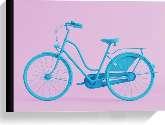 Canvas  - Blauwe fiets met Roze Achtergrond - 40x30cm Foto op Canvas Schilderij (Wanddecoratie op Canvas)