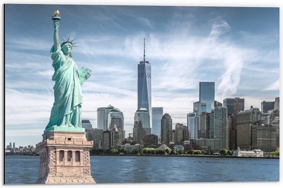 Dibond - Vrijheidsbeeld met New York Skyline - 60x40cm Foto op Aluminium (Met Ophangsysteem)