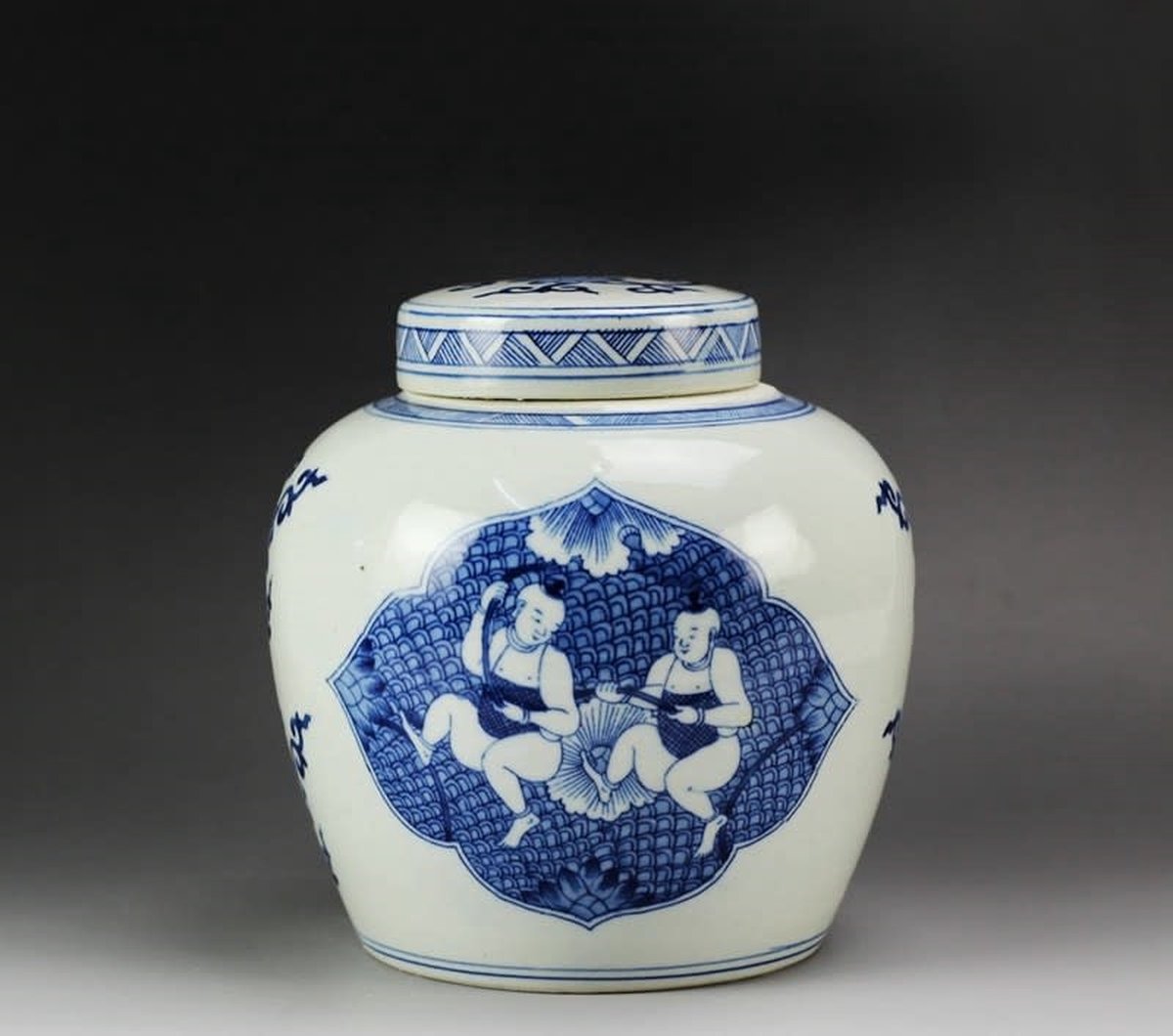 Fine Asianliving Chinese Gemberpot Blauw Kindjes Handgeschilderd L23xH23cm