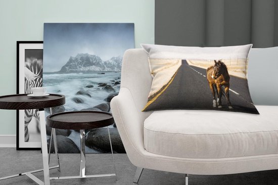Sierkussen Paarden pour l'intérieur - Cheval solitaire sur une route - 60x40 cm - Coussin intérieur rectangulaire en coton