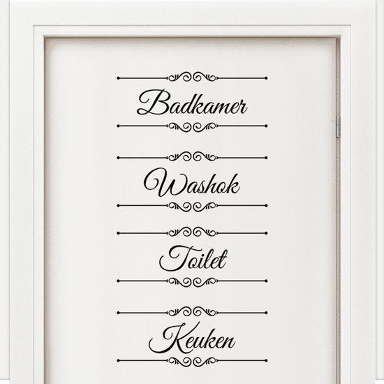 Deursticker set met de teksten Badkamer, Washok, Toilet, Keuken in sierlijk zwart schrift.
