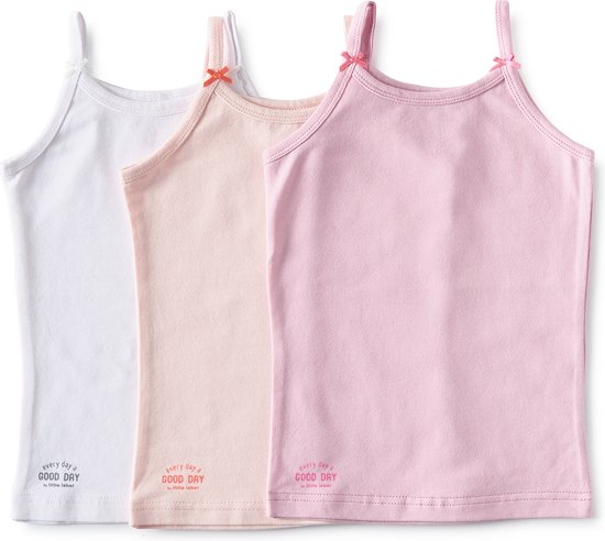 Drie damestopjes in het wit, lichtroze en roze met spaghettibandjes en strikjes.