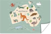 Dieren - Australië - Wereldkaart - Kinderen - Jongens - Blauw - Kids - 90x60 cm - Poster