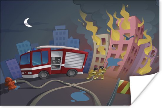 Poster Kinderillustratie van brandweer bij brandende gebouwen - 40x30 cm