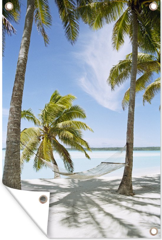 Tuinposter - Tuindoek - Tuinposters buiten - Palmboom - Hangmat - Zand - 80x120 cm - Tuin