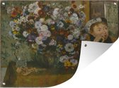 Tuinschilderij Zittende vrouw naast een vaas chrysanten - Schilderij van Edgar Degas - 80x60 cm - Tuinposter - Tuindoek - Buitenposter