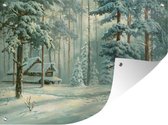 Tuin decoratie Sneeuw - bos - Hut - 40x30 cm - Tuindoek - Buitenposter