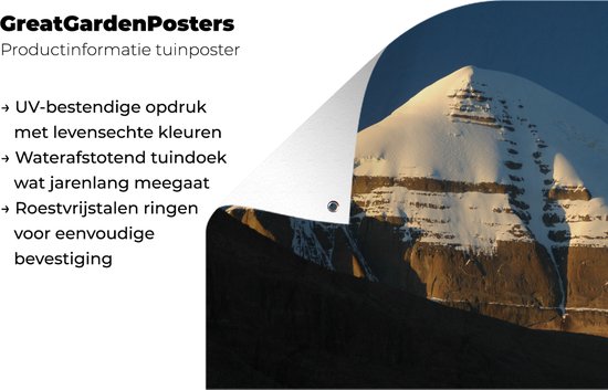 Tuinposter 90x60 cm - Tuindecoratie Zonnestralen vallen op de top van de Kailash berg in Tibet - Poster voor in de tuin - Buiten decoratie - Schutting tuinschilderij - Tuindoek muurdecoratie - Wanddecoratie balkondoek
