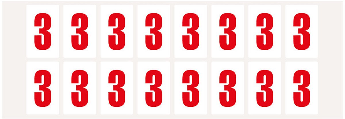 Cijfer stickers 0-9 - zelfklevende folie - 20 kaarten - rood wit teksthoogte 25 mm Cijfer 3