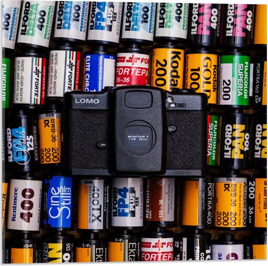 Acrylglas - Lomo Camera liggend op Batterijen - 50x50cm Foto op Acrylglas (Met Ophangsysteem)