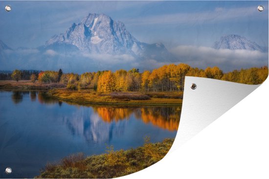 Une barre de brouillard plane sur le lac de Grand Teton National Park Garden Poster 120x80 cm - Toile de jardin / Peintures extérieur / Peintures pour l'extérieur (décoration de jardin)