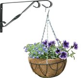 Hanging basket donkergroen 30 cm met klassieke muurhaak donkergroen en kokos inlegvel - metaal - hangende bloempot set